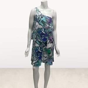 Suzi Chin One Shoulder Retro 70’s Print Tiered Dress